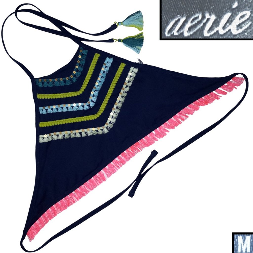 Chevron pompom & fringe high neck bikini top